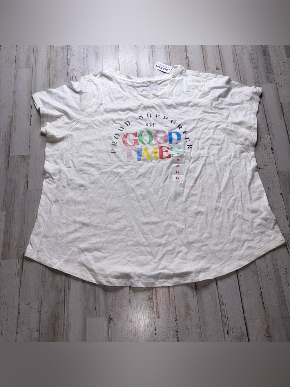 Old Navy Short Sleeve Tee with Multicolor 'GOOD TIME' Graphic 2X NWT!